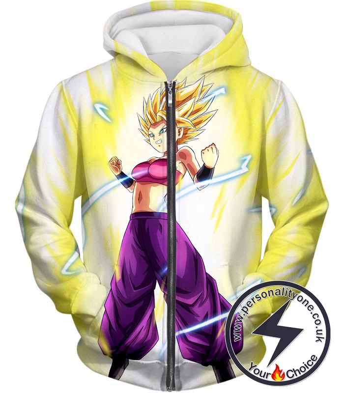 Dragon Ball Super Super Saiyan 2 Caulifla Awesome Anime Action White Zip Up Hoodie